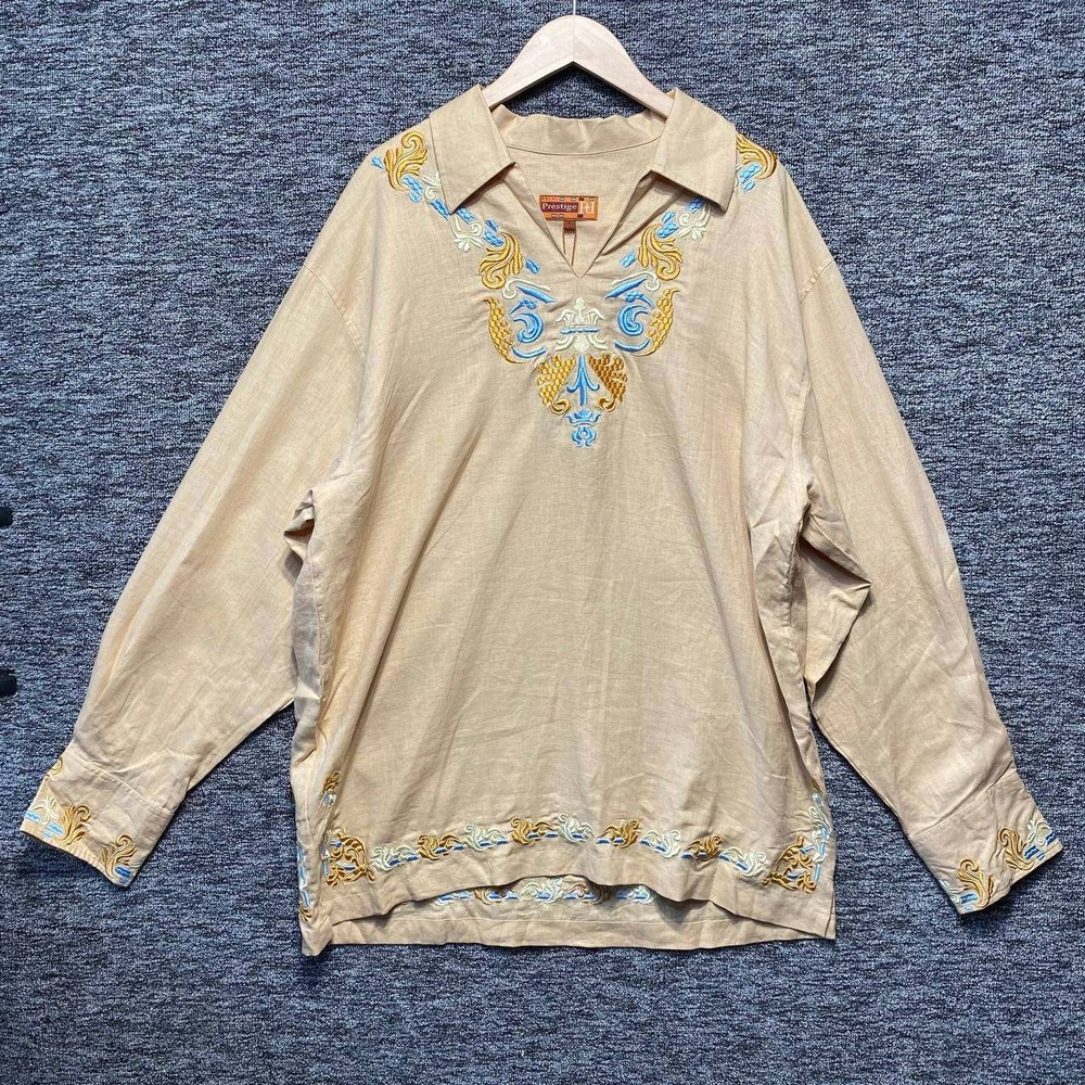 Royal Prestige Pullover Linen Shirt Mens XL Tan Embroidered Washed V Neck Luxury
